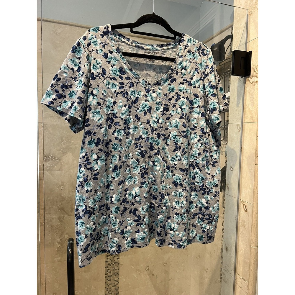 Woman Within Floral V-Neck Short Sleeve Pullover Top Gray Blue 1X 22/24